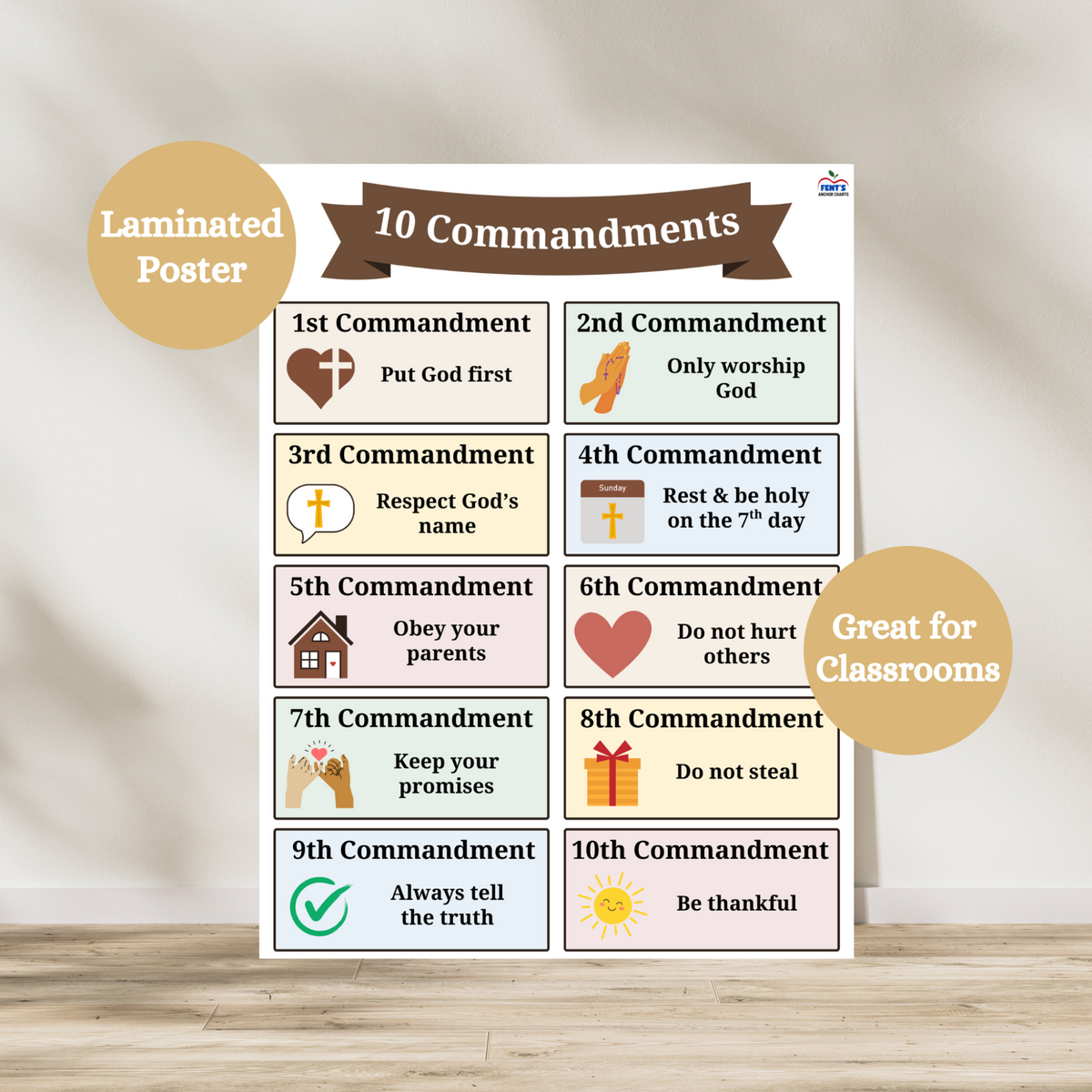 10 commandments poster designed for toddlers and young children. Laminated for durability in classrooms and faith formation programs.