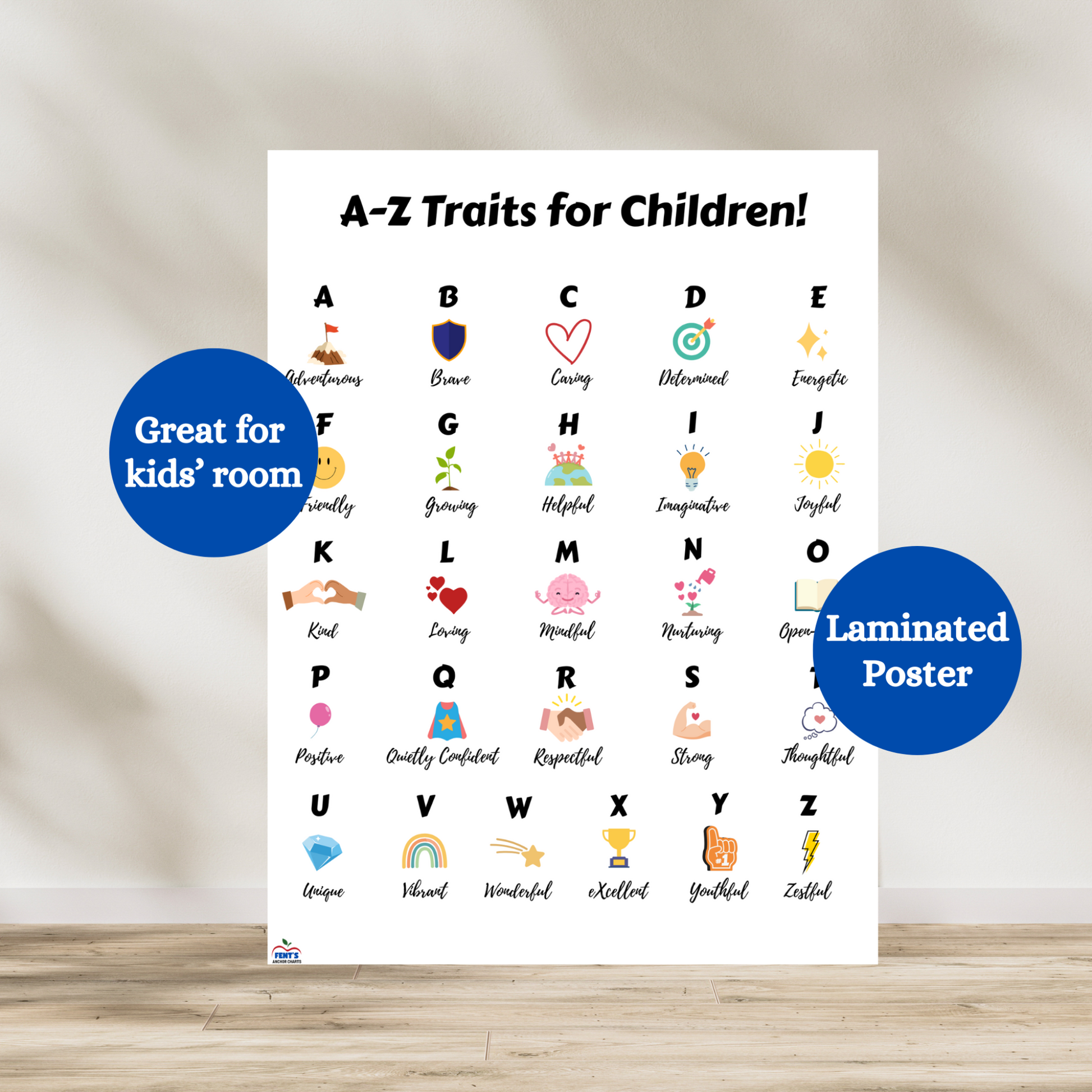 A-Z alphabet laminated poster that describes traits for children. used for children playrooms, bedrooms, preschool classrooms and kindergarten classrooms. All letters are matched with a trait and icon.