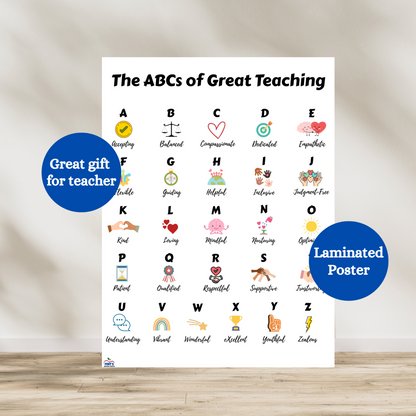 Abcs of Great teaching laminated poster. Featuring the alphabet with a positive characteristic of teachers. Great gift for teachers for teacher appreciation, end of the school year and christmas. Can be hung in the classroom or at home.