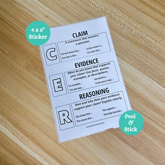 Sticker sheet with CER paragraph writing anchor chart on it