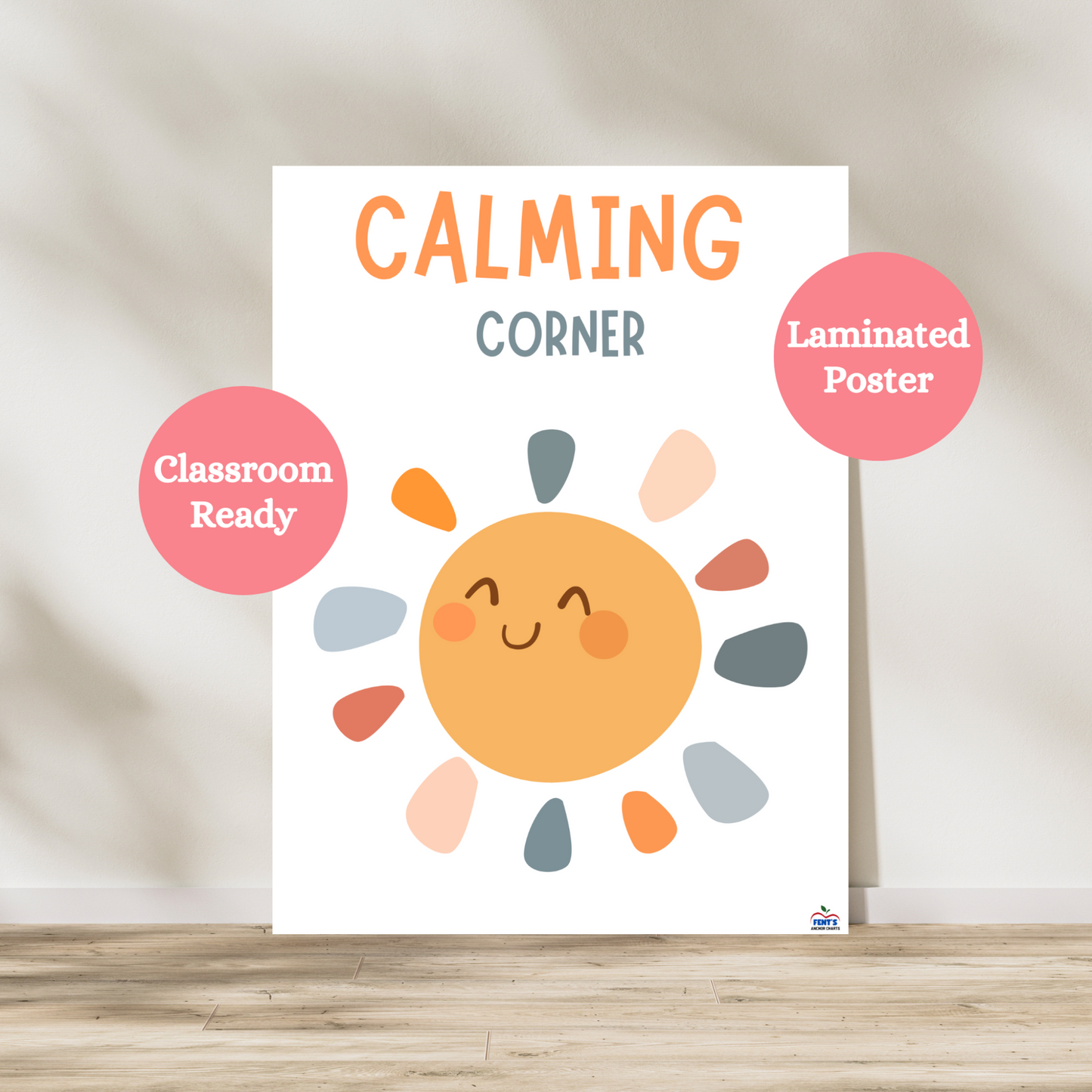 Calming corner poster with white background and boho colored smiling sun with heart in the middle of it. Anchor Chart is laminated for durability in classrooms.