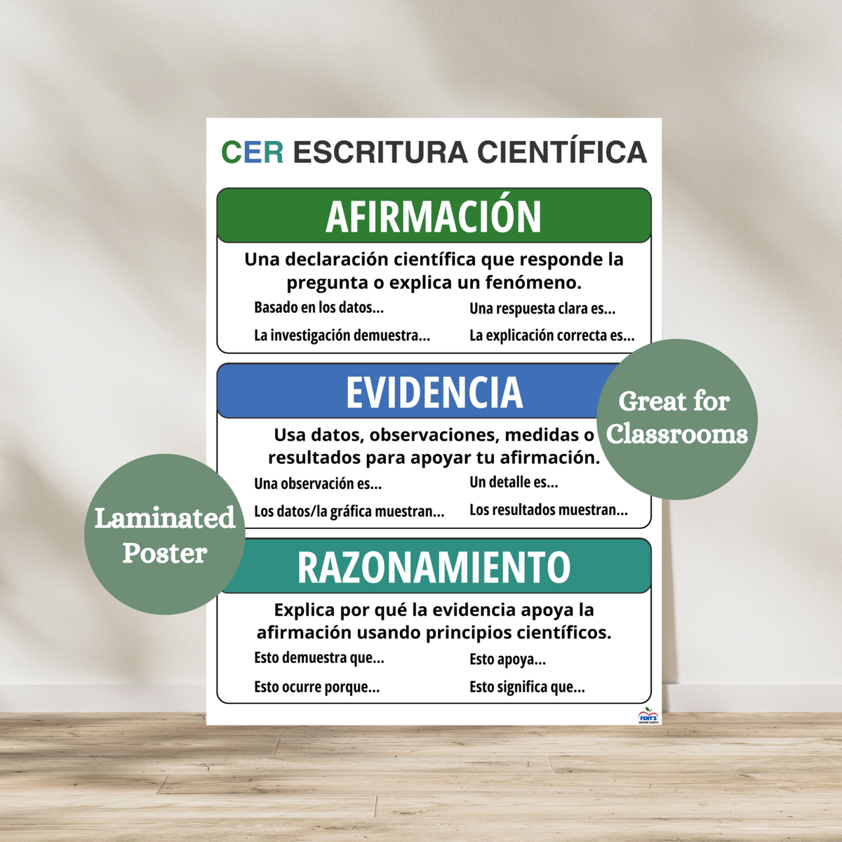 Claim evidence reasoning spanish laminated anchor chart used in elementary and middle school science classrooms. Colorful poster breaks down the three steps for writing in science. Laminated for classroom durability.