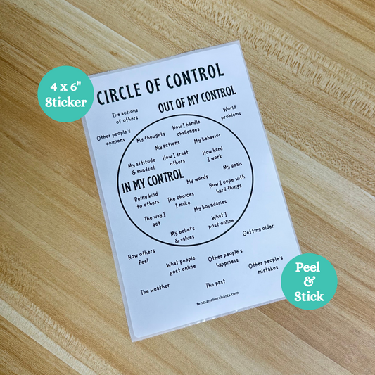 Thermal printed anchor chart sticker that features a Circle of Control anchor chart for classrooms. Big circle in middle with the words In My Control and the outside is Out of My Control.