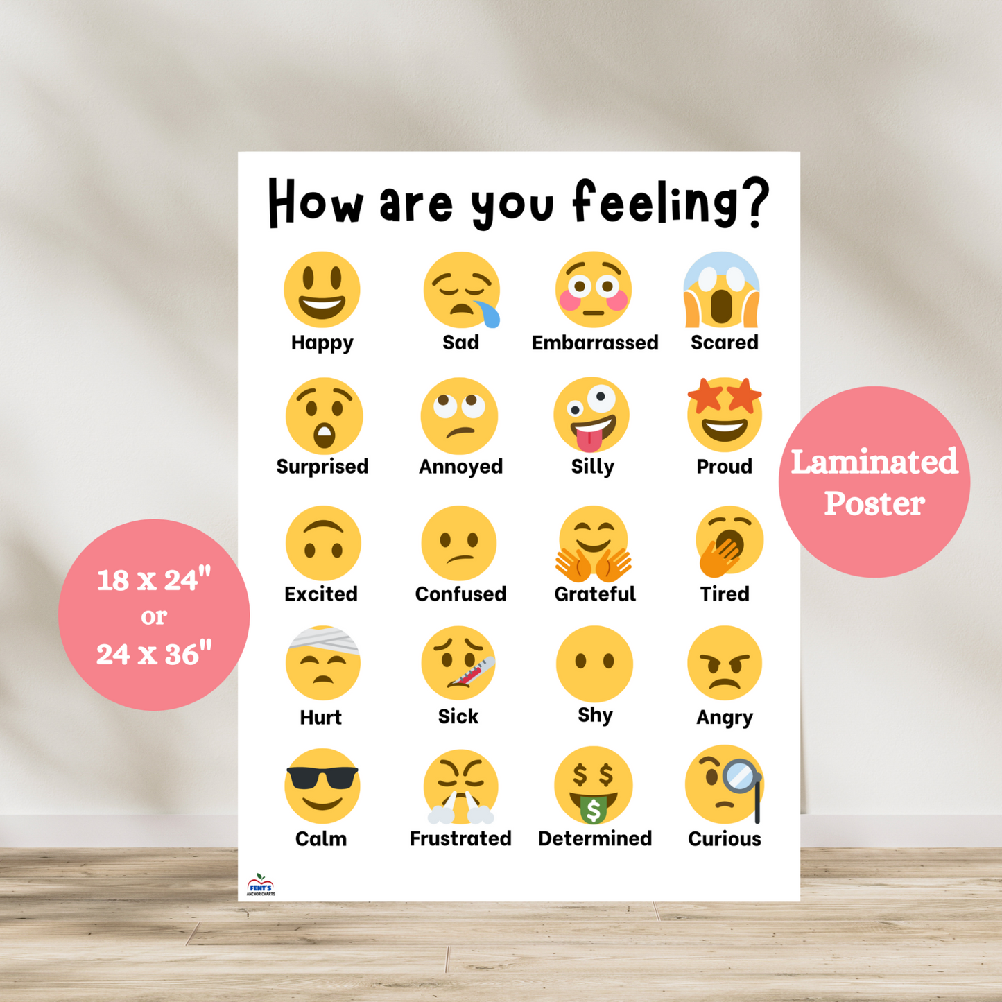 Anchor chart titled 'How are you feeling?' featuring 20 illustrated animals representing different emotions. Emotions include Happy, Sad, Embarrassed, Scared, Surprised, Annoyed, Proud, Silly, Excited, Confused, Grateful, Tired, Hurt, Sick, Shy, Angry, Calm, Frustrated, Determined, and Curious. Each emotion is paired with a cute cartoon animal to help kids recognize and name their feelings. Ideal for classrooms and social-emotional learning.
