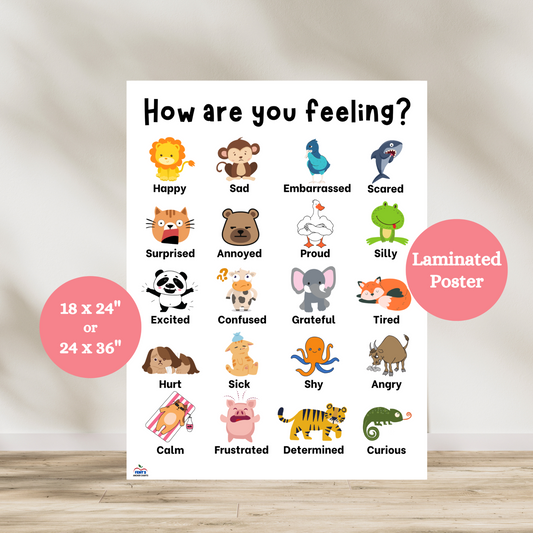 Anchor chart titled 'How are you feeling?' featuring 20 illustrated animals representing different emotions. Emotions include Happy, Sad, Embarrassed, Scared, Surprised, Annoyed, Proud, Silly, Excited, Confused, Grateful, Tired, Hurt, Sick, Shy, Angry, Calm, Frustrated, Determined, and Curious. Each emotion is paired with a cute cartoon animal to help kids recognize and name their feelings. Ideal for classrooms and social-emotional learning.