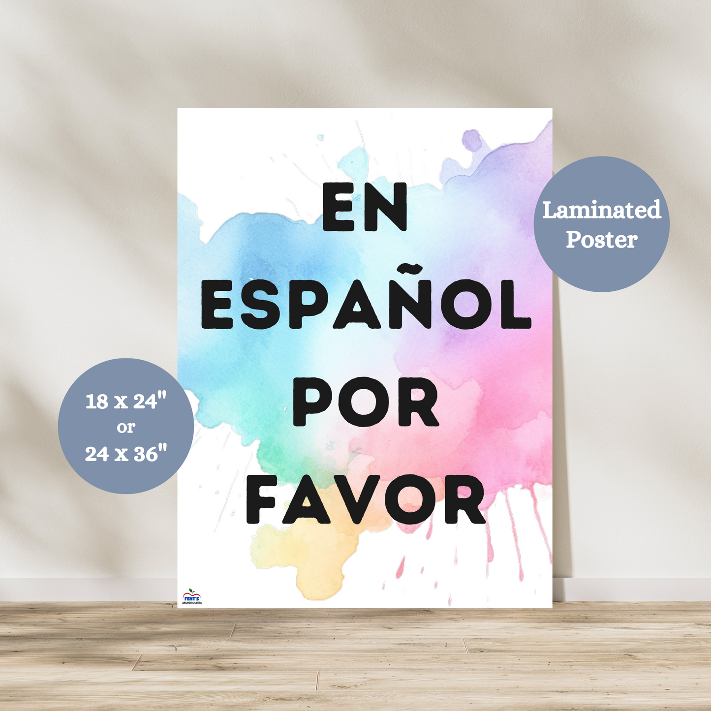 This En Espanol Por favor is perfect for any spanish speaking or dual language classroom. The chart has bold black lettering that states "En Espanol Por Favor." The poster has rainbow water colors for a pretty and fun background. 