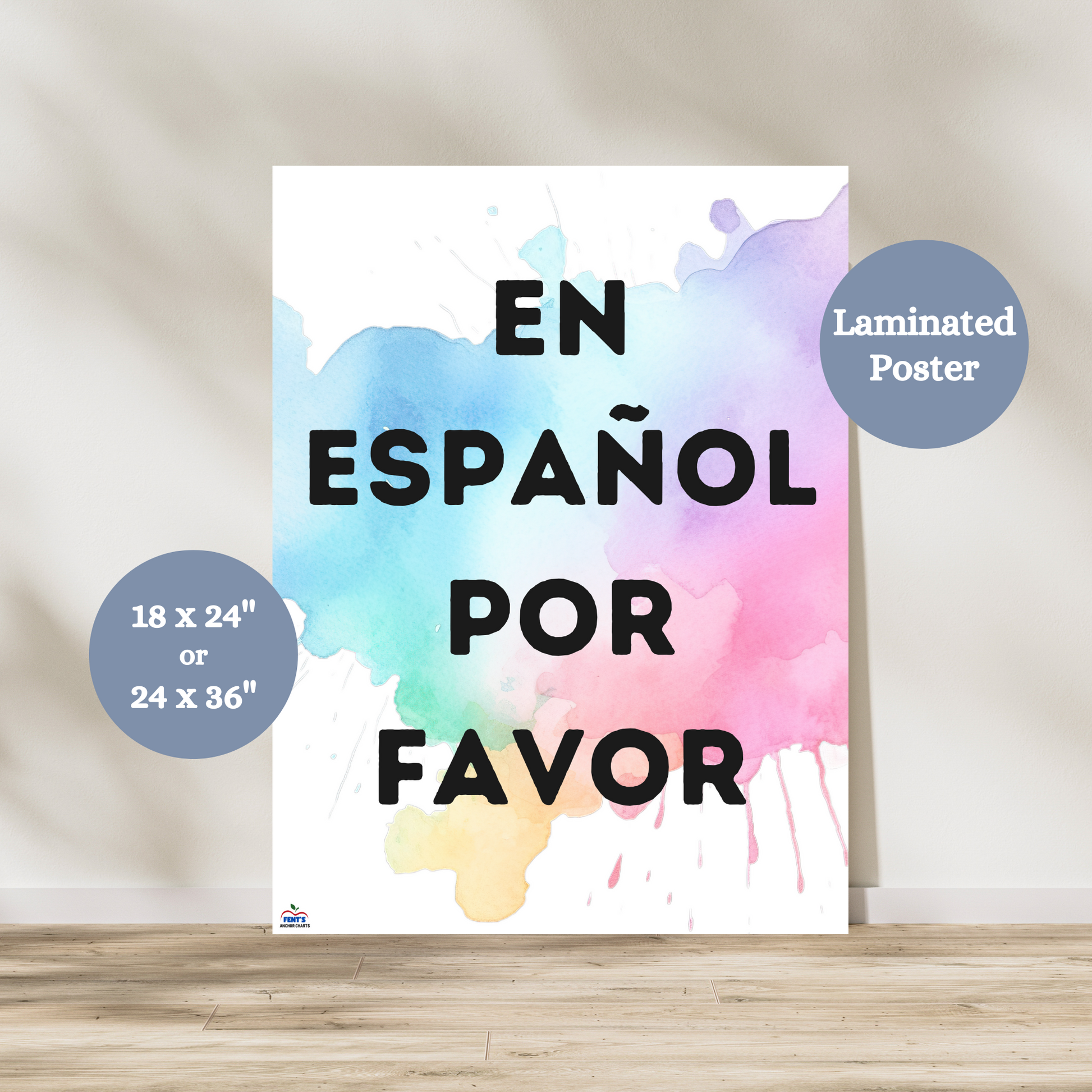 This En Espanol Por favor is perfect for any spanish speaking or dual language classroom. The chart has bold black lettering that states "En Espanol Por Favor." The poster has rainbow water colors for a pretty and fun background. 