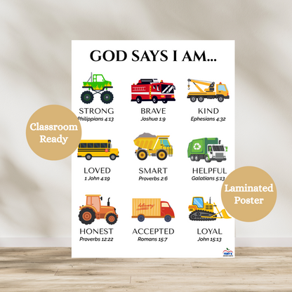God says I am laminated poster for boys bedroom featuring trucks. Made for toddler boys. Great for decor.