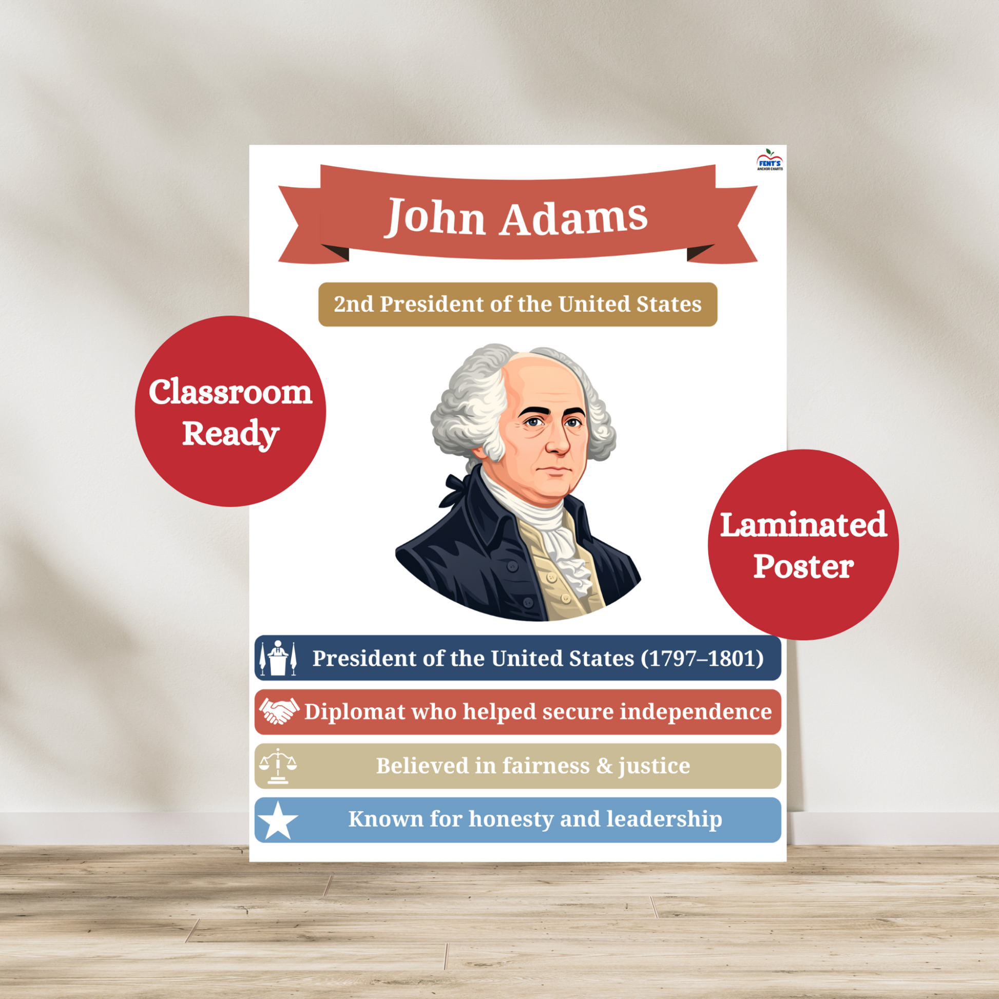 Laminated John Adams laminated poster. Featuring the 2nd president of the United States and Founding Father of America, this anchor chart is great for elementary and middle school social studies classrooms while students learning about the American Revolution and the first four presidents of the USA.