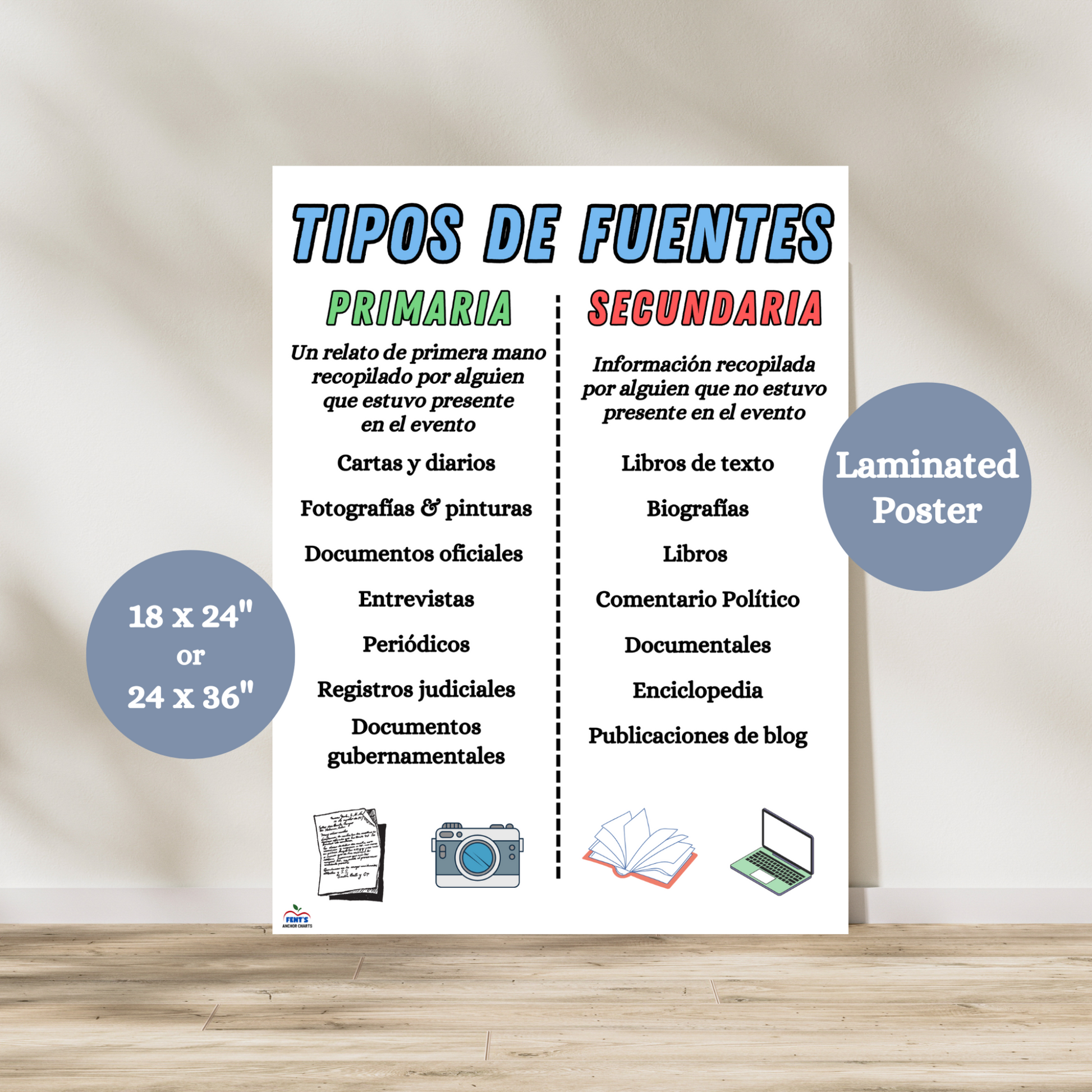 This types of source laminated anchor chart is great for any spanish language arts classroom. SLA teachers will love this anchor chart because it breaks down the key differences between primary and secondary sources. Examples of primary and seconday sources are also provided on the poster. 