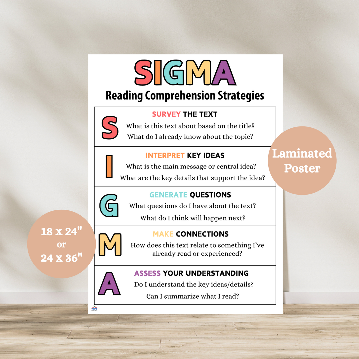 Colorful SIGMA Reading Comprehension Strategies anchor chart for classroom decor. Features five reading strategies: Survey, Interpret, Generate, Make, Assess. Great for elementary and middle school ELA, literacy centers, reading groups, and homeschool. Laminated for durability. Available in 18x24 or 24x36 sizes. Ideal for bulletin boards, guided reading, or independent learning. Bright and educational classroom poster.