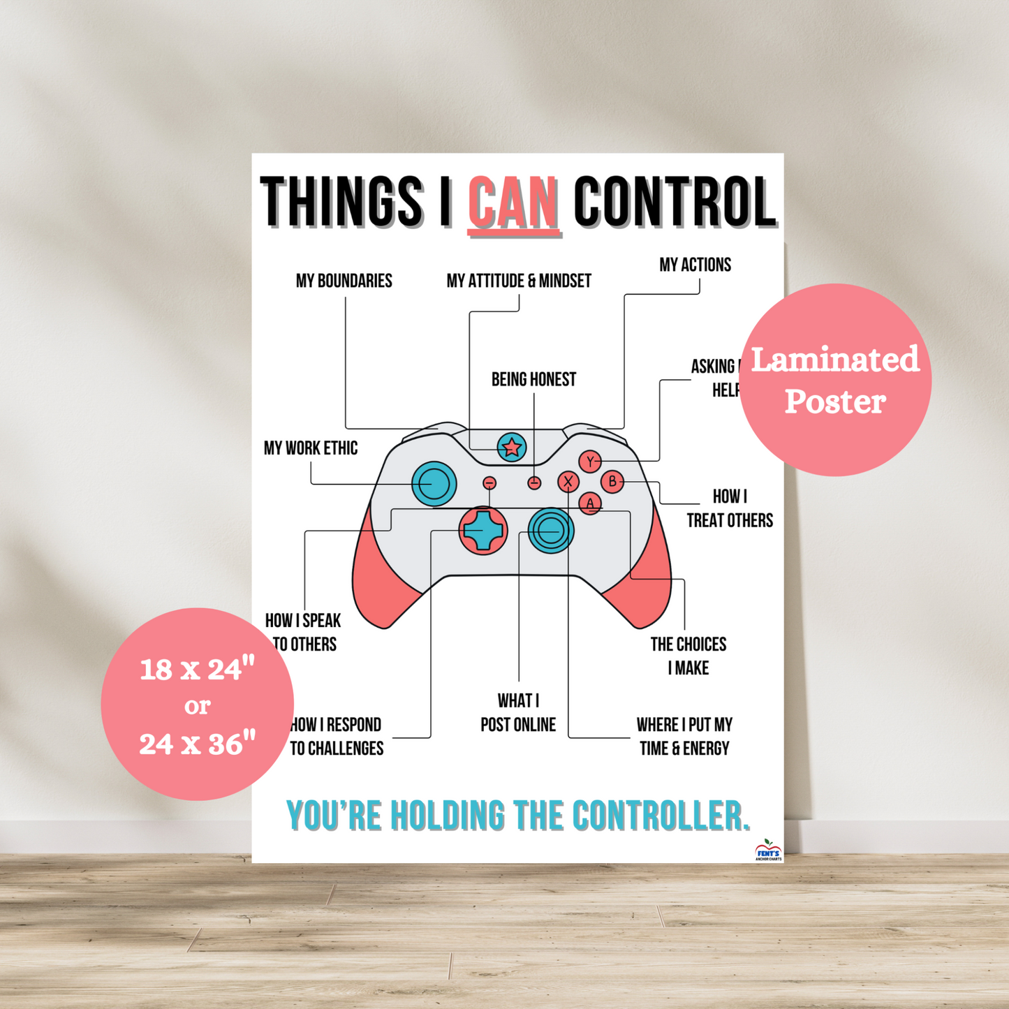 Things I Can Control anchor chart with a colorful video game controller design. Labeled sections highlight mindset, actions, boundaries, self-talk, asking for help, and emotional regulation. Perfect growth mindset poster for classrooms, counseling offices, or homeschool. Encourages kids and teens to focus on what they can control. Ideal for SEL, personal responsibility, and student empowerment visuals.
