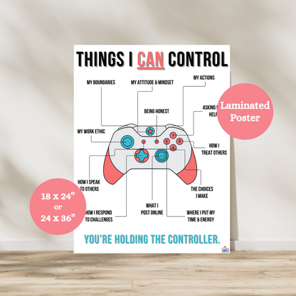 Things I Can Control anchor chart with a colorful video game controller design. Labeled sections highlight mindset, actions, boundaries, self-talk, asking for help, and emotional regulation. Perfect growth mindset poster for classrooms, counseling offices, or homeschool. Encourages kids and teens to focus on what they can control. Ideal for SEL, personal responsibility, and student empowerment visuals.