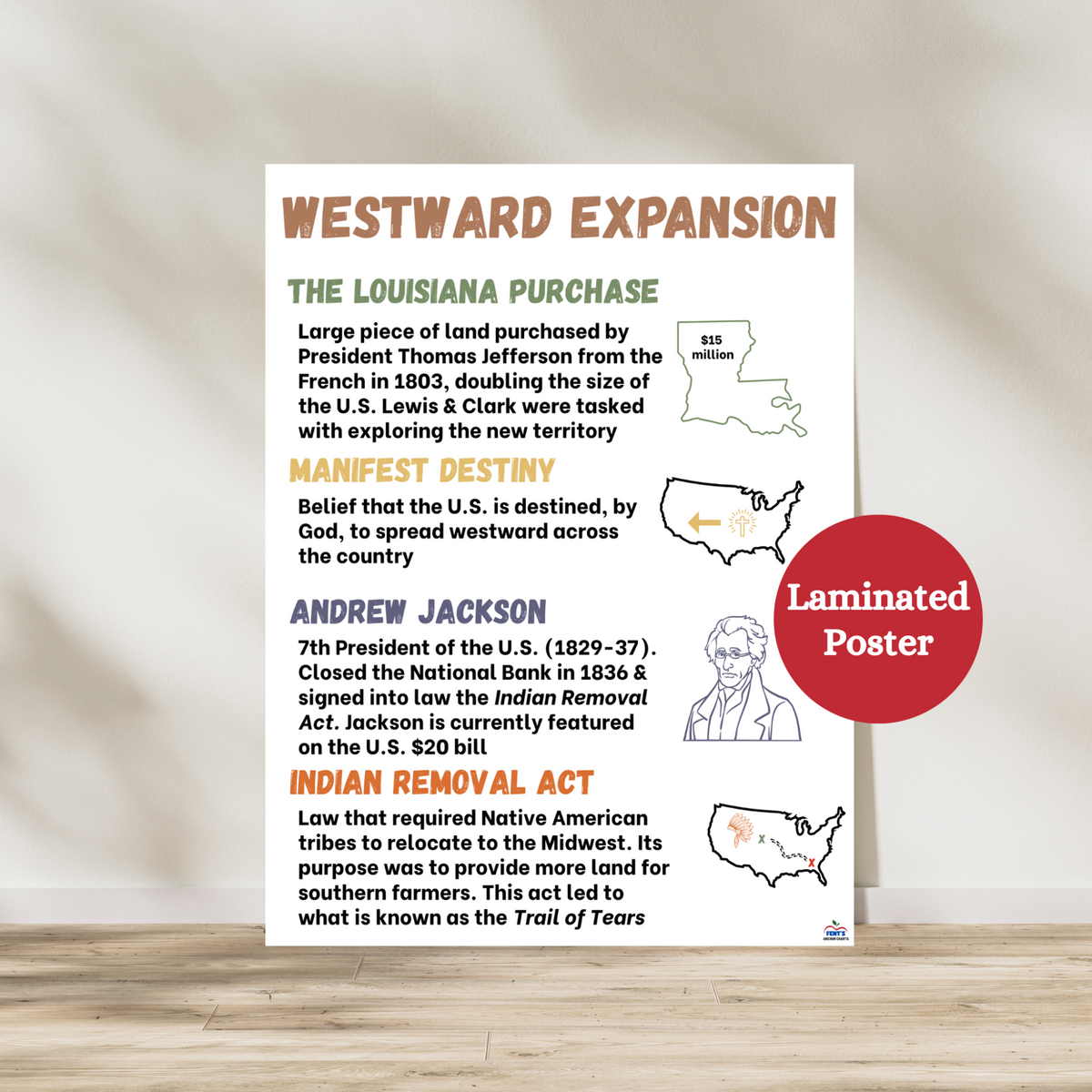 Westward Expansion laminated Anchor Chart covering the Louisiana Purchase, Thomas Jefferson, Manifest Destiny, and the Indian Removal Act. Education poster great for elementary and middle school U.S. history lessons. Laminated for classroom durability.