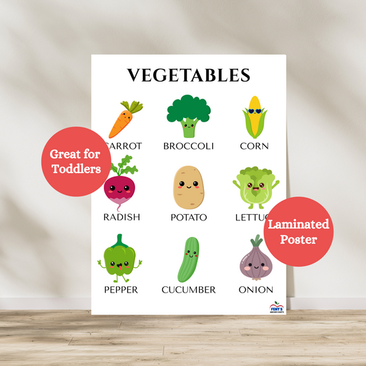 Types of vegetables laminated poster. Great poster for to teach toddlers about the different types of vegetables. Great for toddler bedrooms, preschool classrooms, and nursery classrooms.
