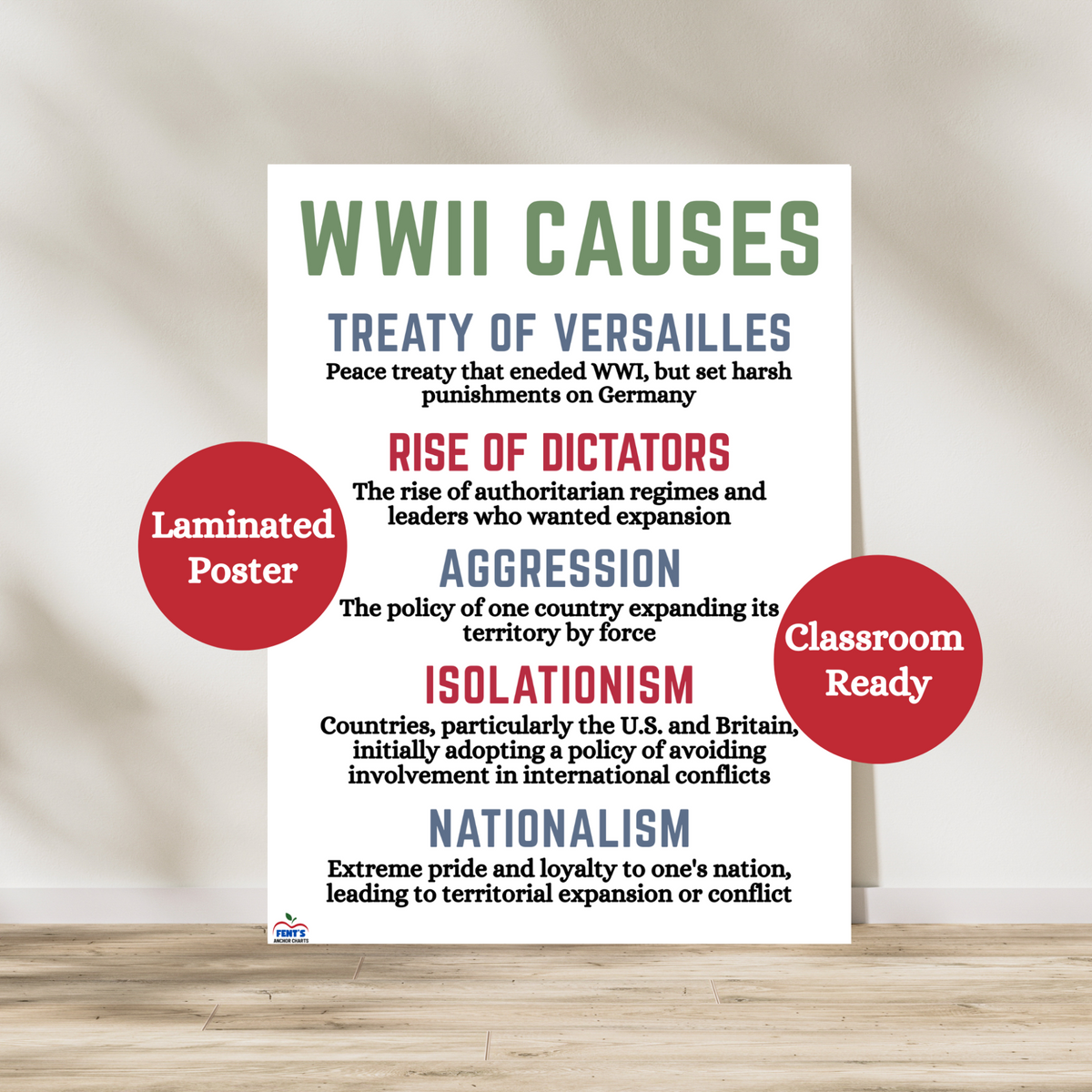 Causes of World War Two laminated anchor chart featuring the reasons for the start of WWII. Hang in social studies and history classrooms. Laminated for classroom durability.
