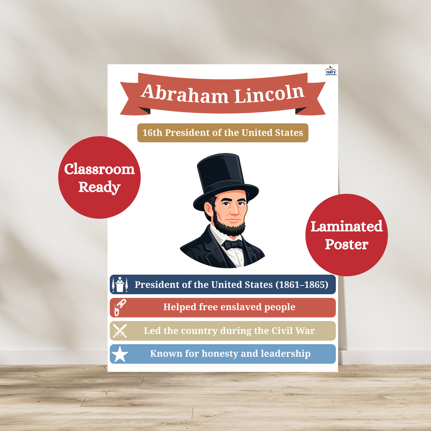 Laminated Abraham Lincoln laminated poster. Featuring the 16th president of the United States and Founding Father of America, this anchor chart is great for elementary and middle school social studies classrooms.