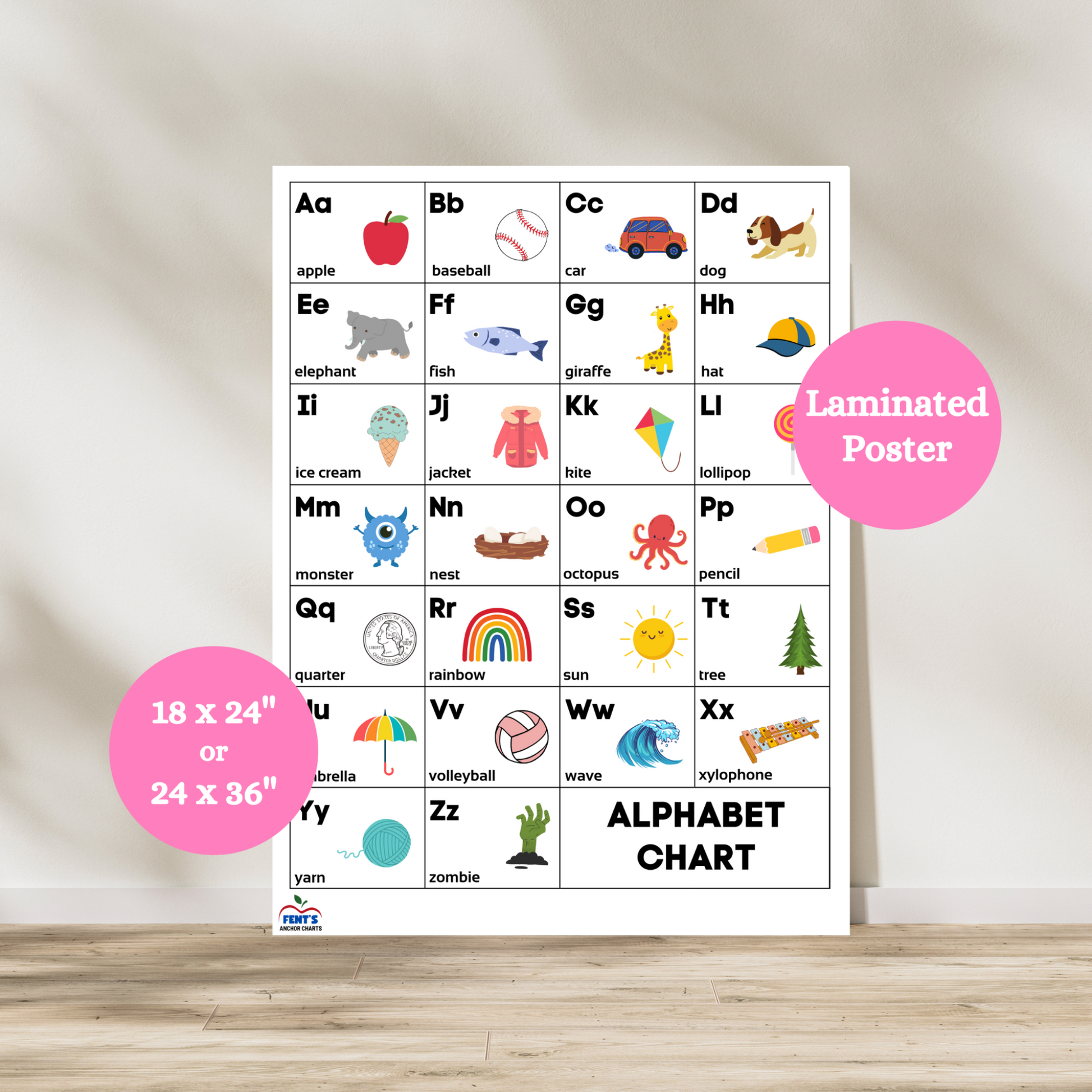 Alphabet Table Anchor Chart for preschool and kindergarten. Displays A–Z with matching images and phonics cues for early literacy. Perfect for classroom decor, ABC centers, and helping kids learn letters and sounds. Colorful and educational, great for early learning environments and homeschool use.