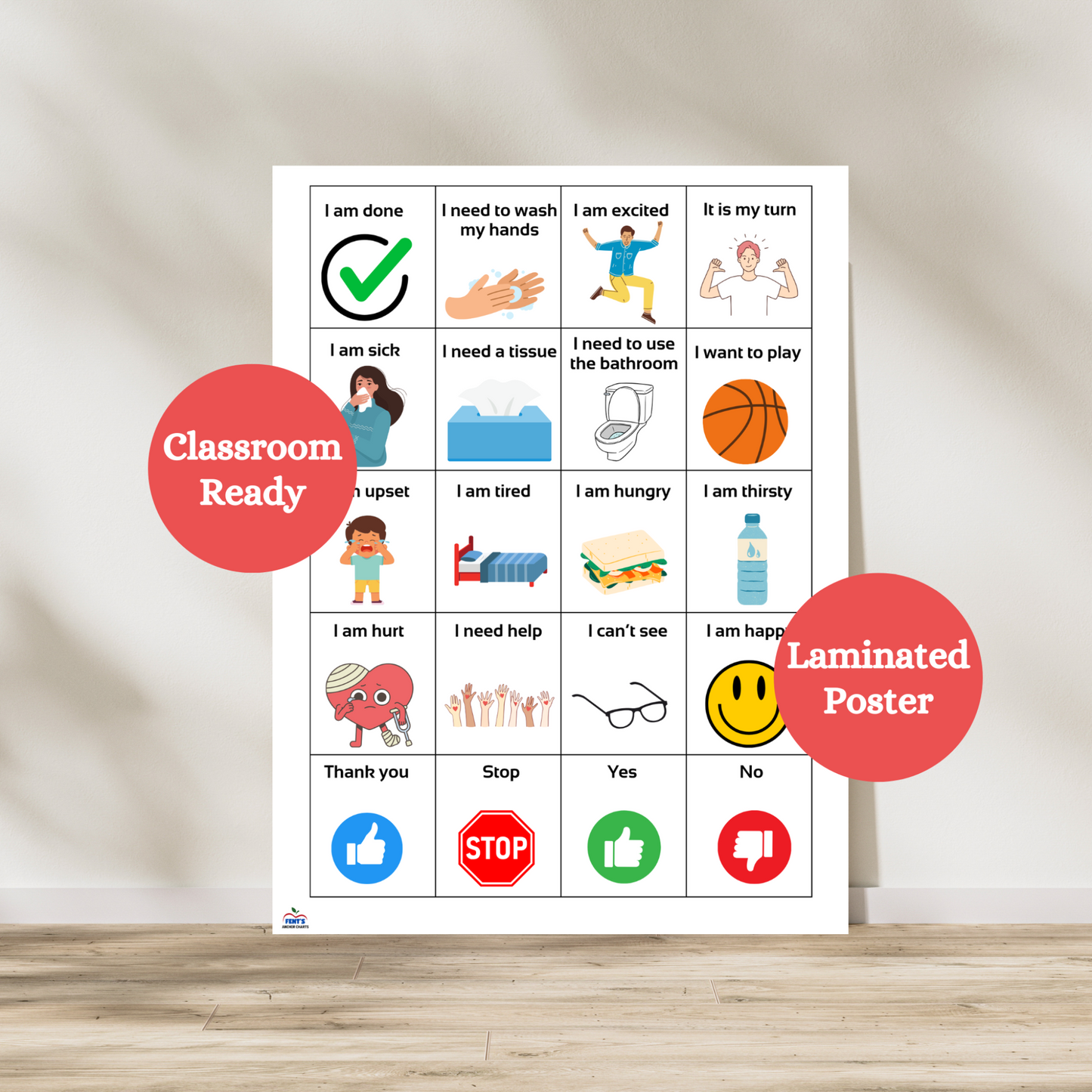 This laminated communication board is a game changing anchor chart for children learning communication and language skills. This poster is especially impactful in special education classrooms for students who are autistic and non verbal. Can be used at home as well to support communication between the child and parents. Symbols are included next to each word in the chart to teach the word and association with a picture