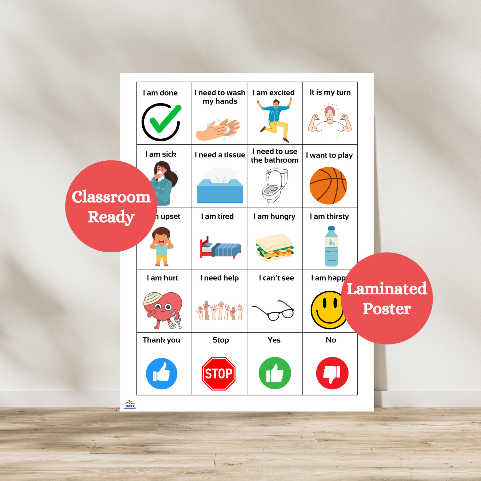 This laminated communication board is a game changing anchor chart for children learning communication and language skills. This poster is especially impactful in special education classrooms for students who are autistic and non verbal. Can be used at home as well to support communication between the child and parents. Symbols are included next to each word in the chart to teach the word and association with a picture