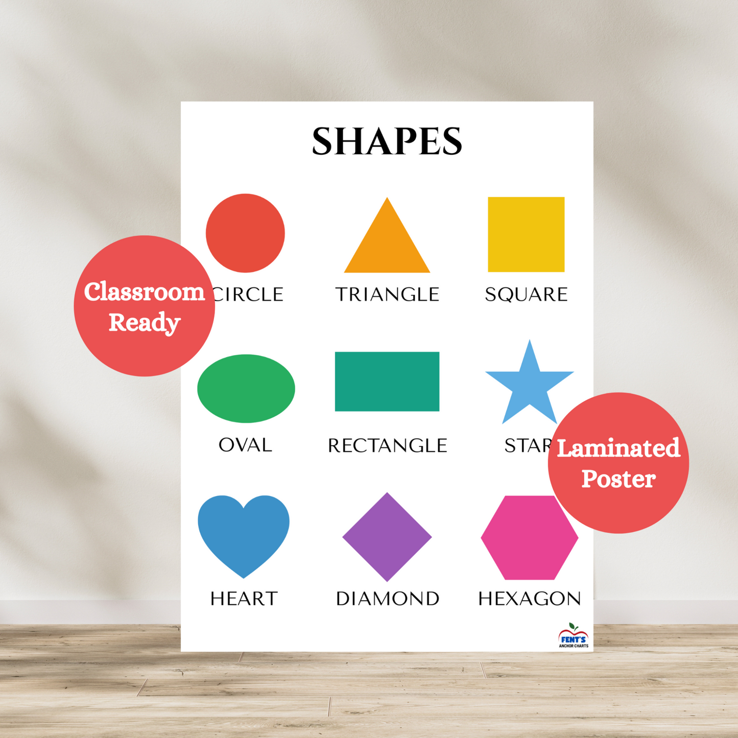 Types of shapes early learning poster for kids. Nine colorful shapes are featured in this anchor chart. used to teach basic shapes to toddlers and preschool students. Used for educational wall art at home and preschool and nursery classrooms.