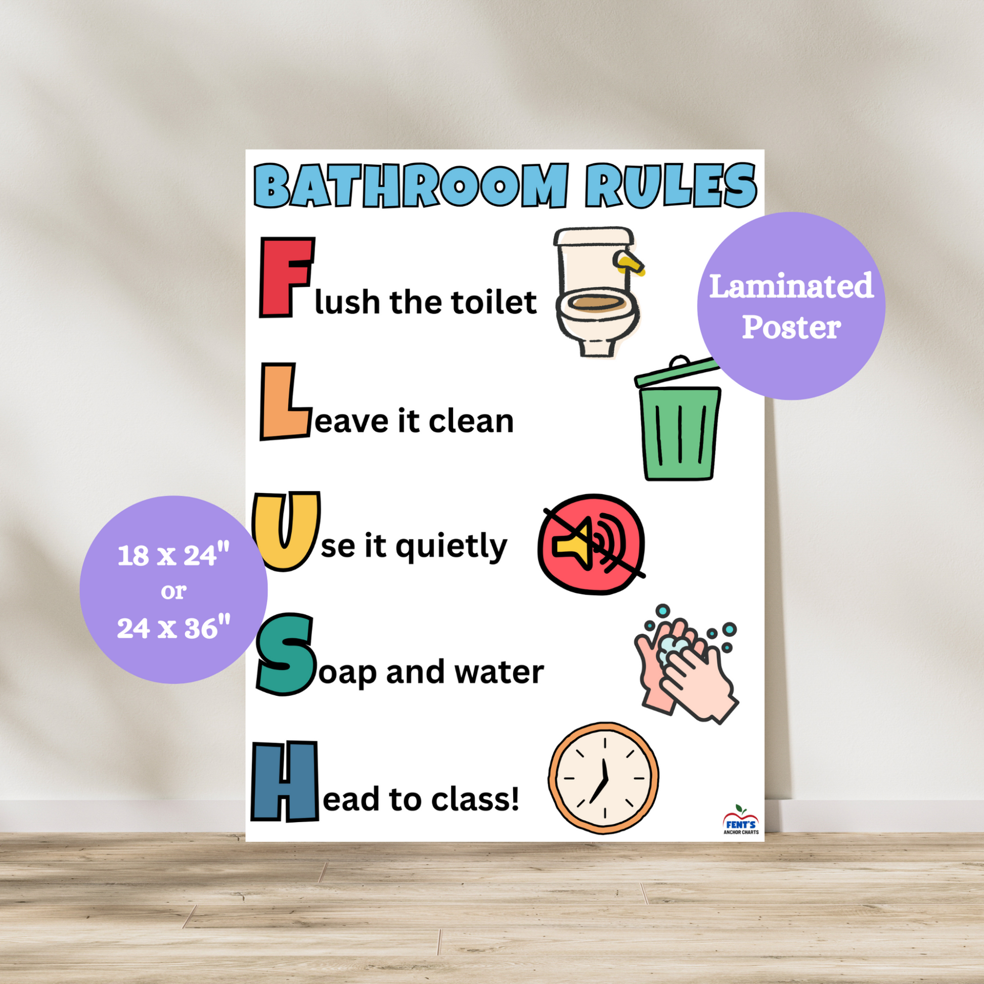 Kindergarten bathroom rules poster using FLUSH acronym with colorful icons and laminated finish, ideal for preschool or classroom decor.