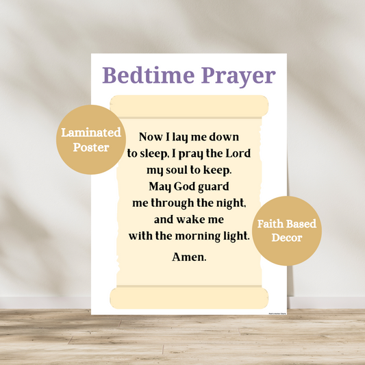 Bedtime prayer featuring a scroll on a bedtime prayer for children to say before going to bed. Laminated poster that can be hung on toddler bedroom and nursery walls.