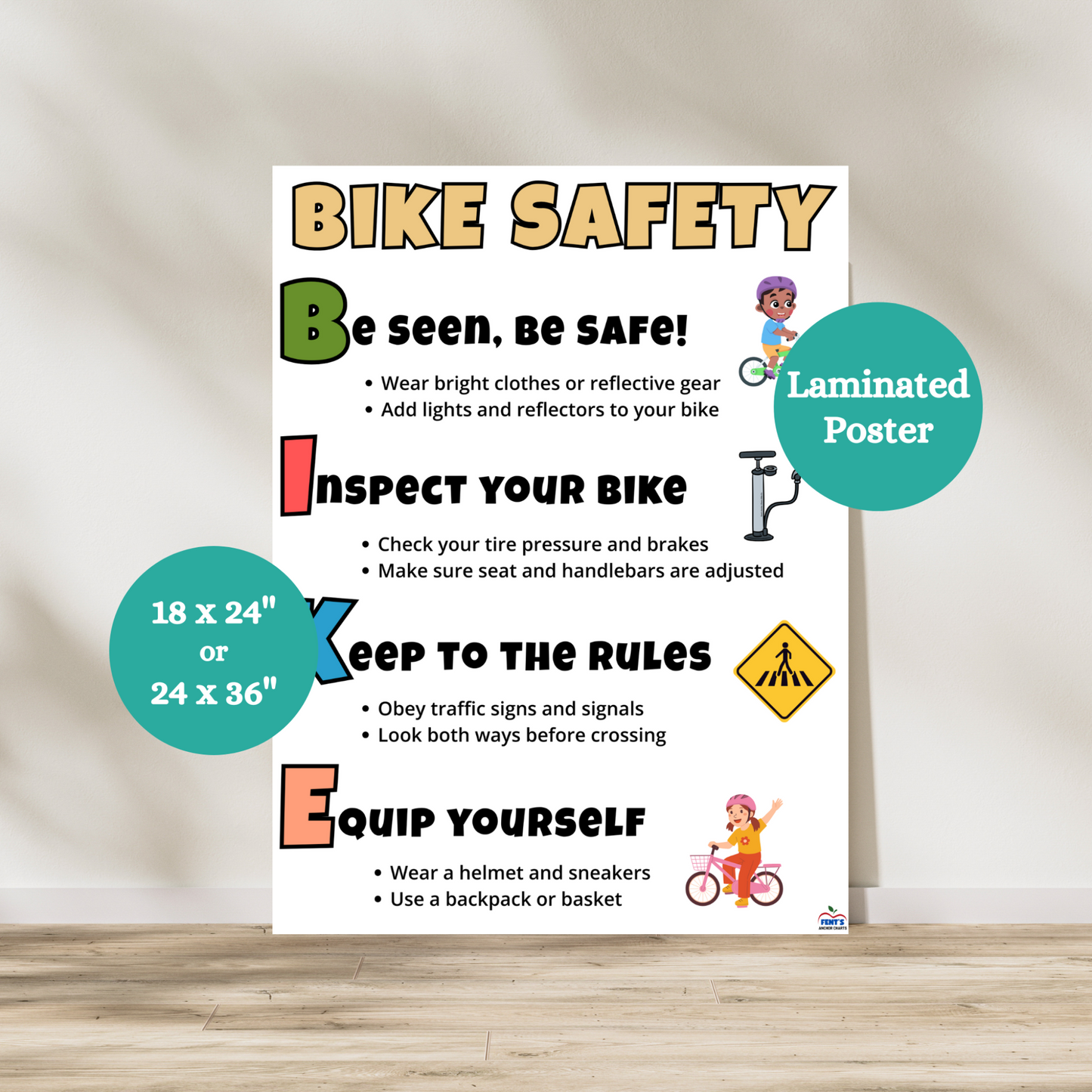 Colorful vertical Bike Safety anchor chart for kids using the B.I.K.E. acronym with cartoon illustrations and classroom-friendly fonts. Laminated and durable for school gyms and physical education spaces. 