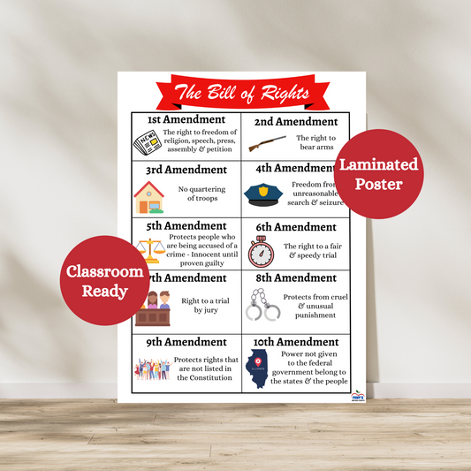 Laminated bill of rights anchor chart that provides kid friendly explanations and graphics. Great poster for social studies classroom