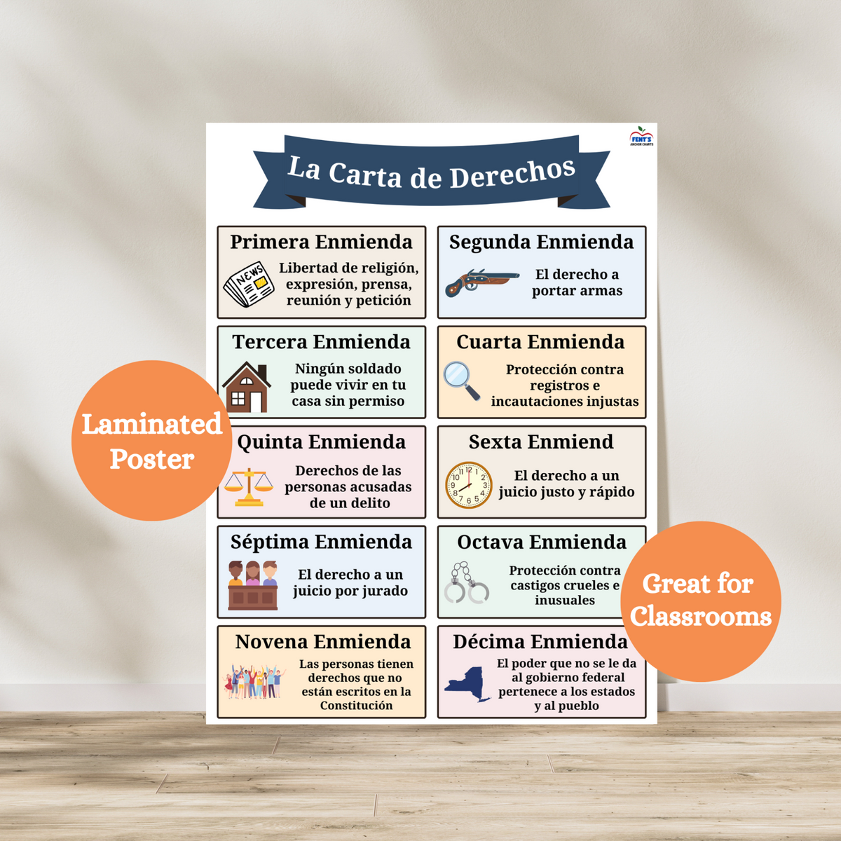 Bill of Rights laminated poster in Spanish! Hang in dual language and Spanish classrooms or community centers to support spanish-speaking students to know the Bill of rights of the United States Constitution. Laminated for durability.