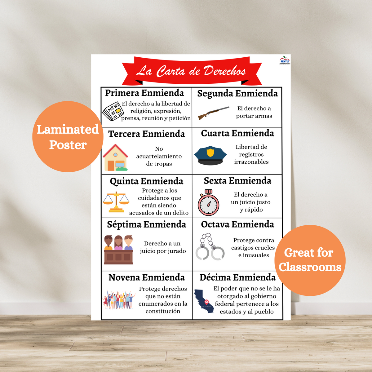 Bill of Rights laminated poster in Spanish! Hang in dual language and Spanish classrooms or community centers to support spanish-speaking students to know the Bill of rights of the United States Constitution. Laminated for durability.