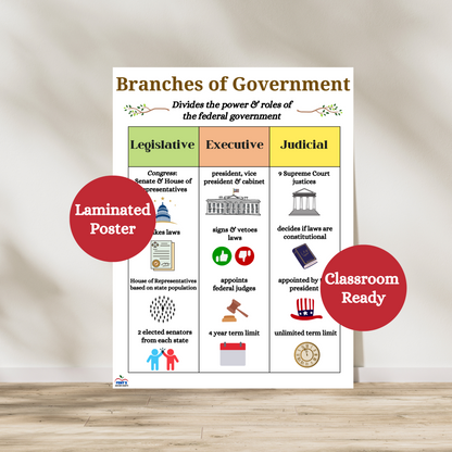 Branches of government laminated poster that breaks down the three branches of government: legislative, executive and judicial. Hang in social studies, history and government classrooms. Laminated for classroom durability.