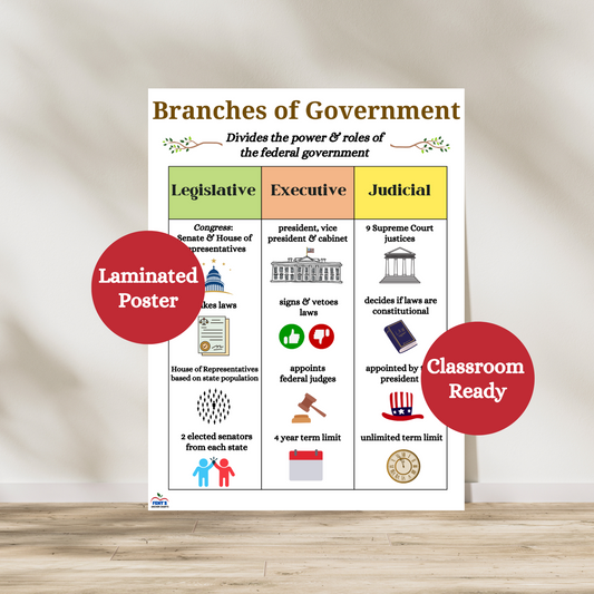 Branches of government laminated poster that breaks down the three branches of government: legislative, executive and judicial. Hang in social studies, history and government classrooms. Laminated for classroom durability.