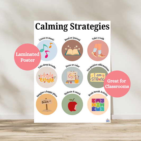 At the top of this laminated anchor chart it has the title calming strategies. The poster itself showcases 9 different strategies kids can use when coping with stress in the classroom or at home. Each example has a matching picture.  Great social emotional learning poster