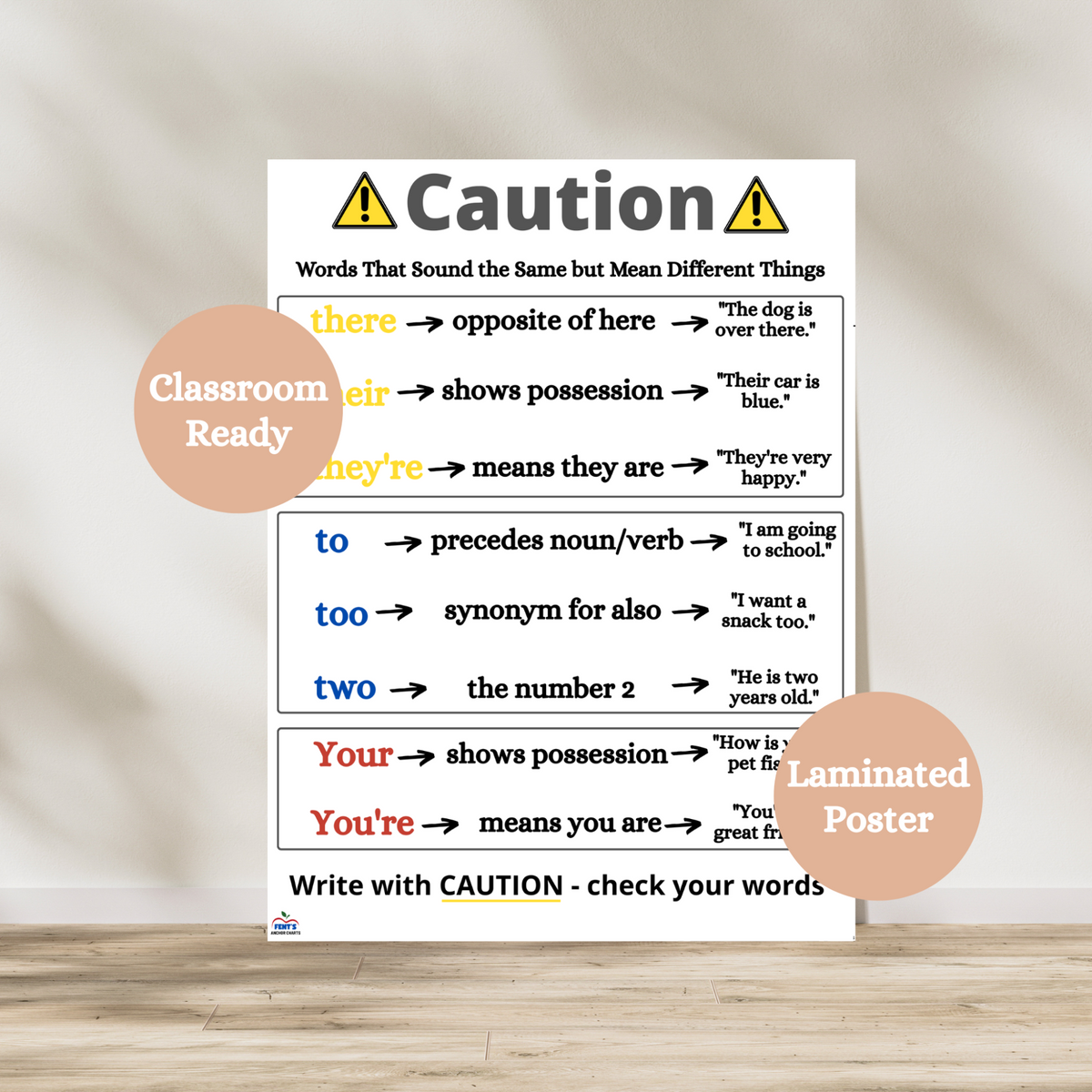 Laminated caution-themed anchor chart displaying commonly confused homophones like their/there/they’re and your/you’re, designed for elementary grammar instruction.
