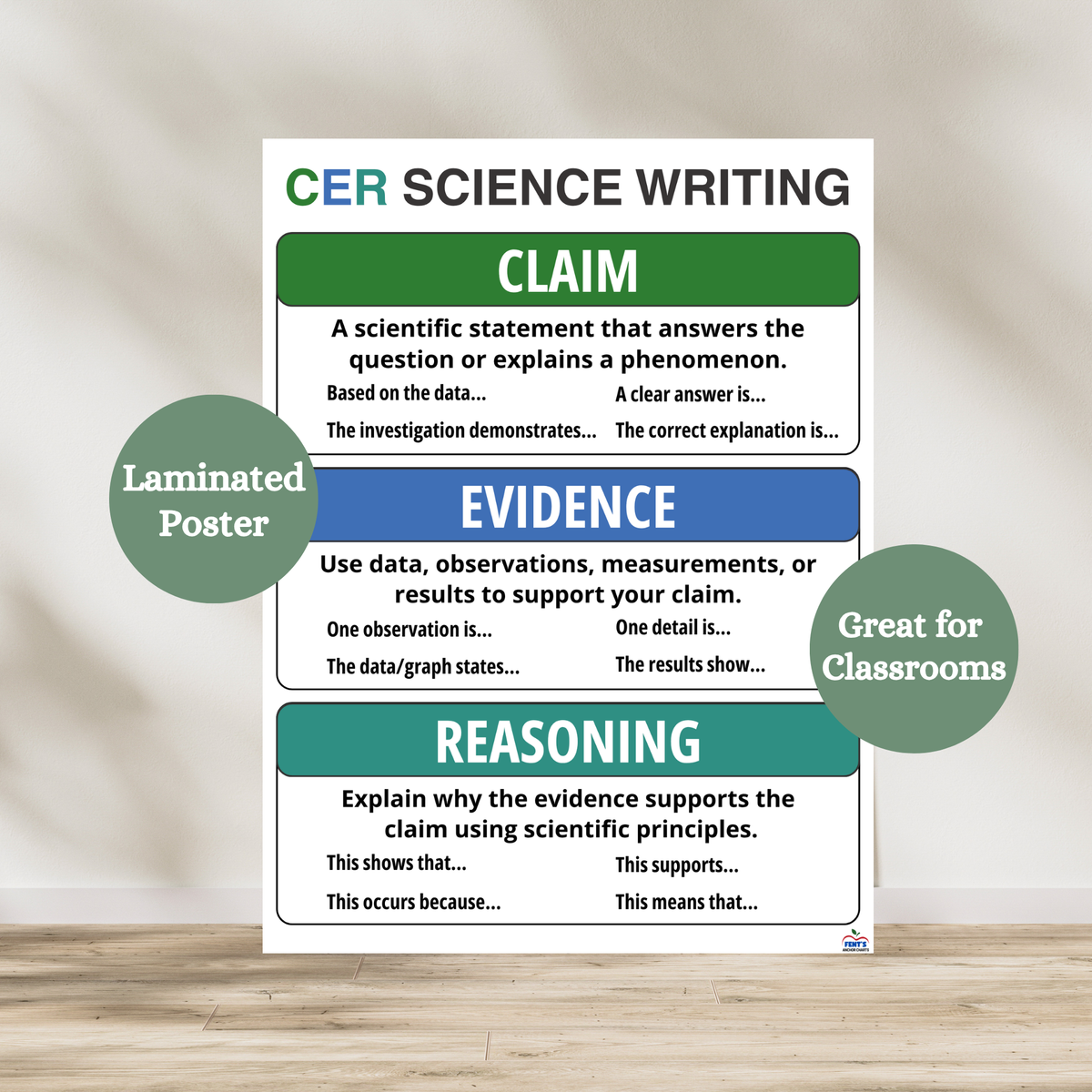 Claim evidence reasoning laminated anchor chart used in elementary and middle school science classrooms. Colorful poster breaks down the three steps for writing in science. Laminated for classroom durability.