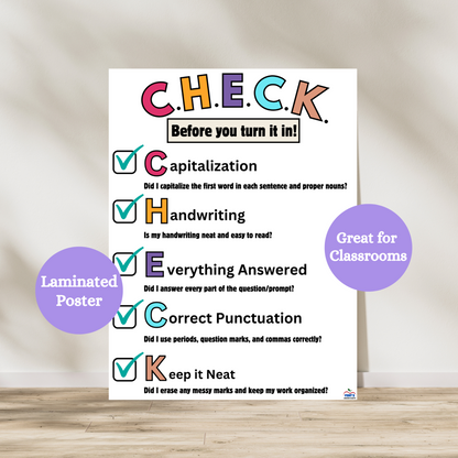 This CHECK before you turn it in acronym laminated anchor chart is great for all classrooms. On the top of the poster the letters C H E C K are written out. Below, check posters are provided to show the five steps they should take before handing their working in. Capitalization, handwriting, everything answered, correct punctuation and keeping it neat.