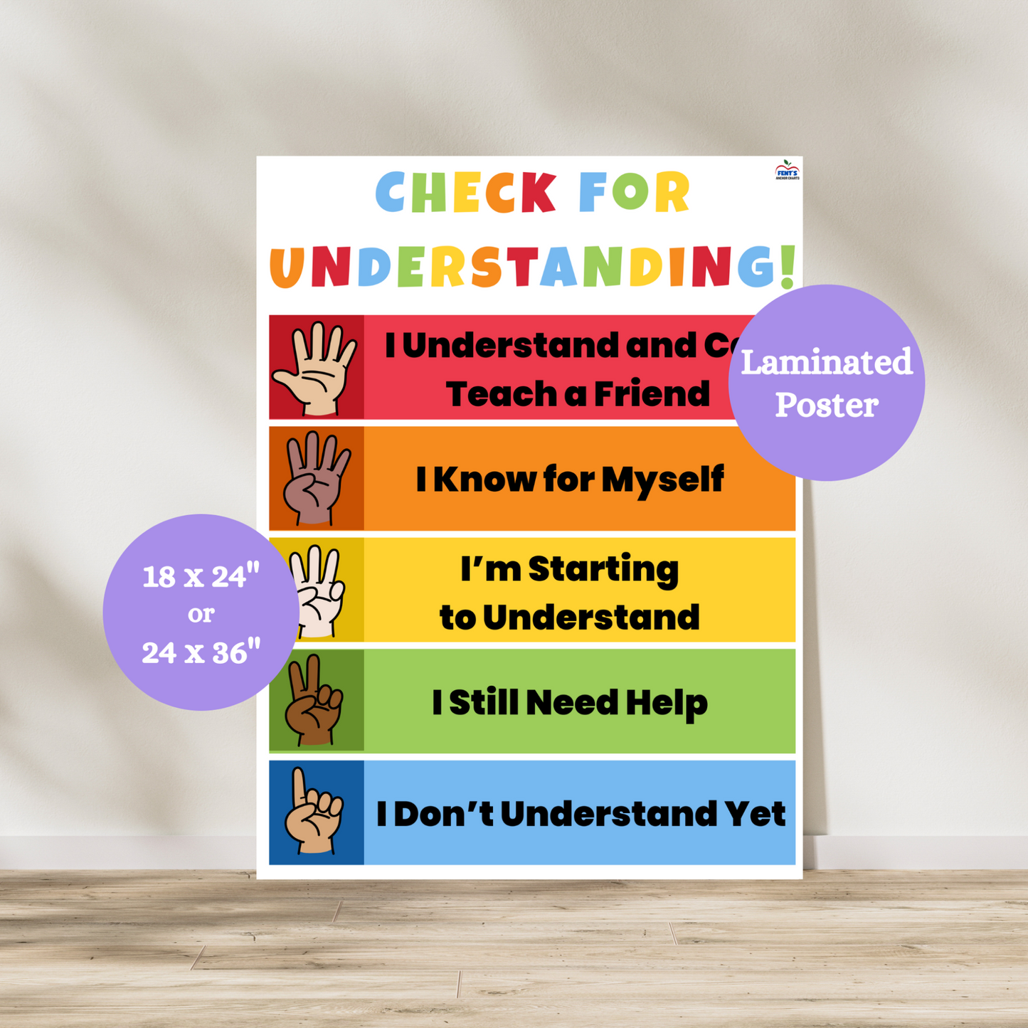 Rainbow themed check for understanding anchor chart for kindergarten, 1st grade and elementary classrooms. Poster is laminated for durability in classrooms.