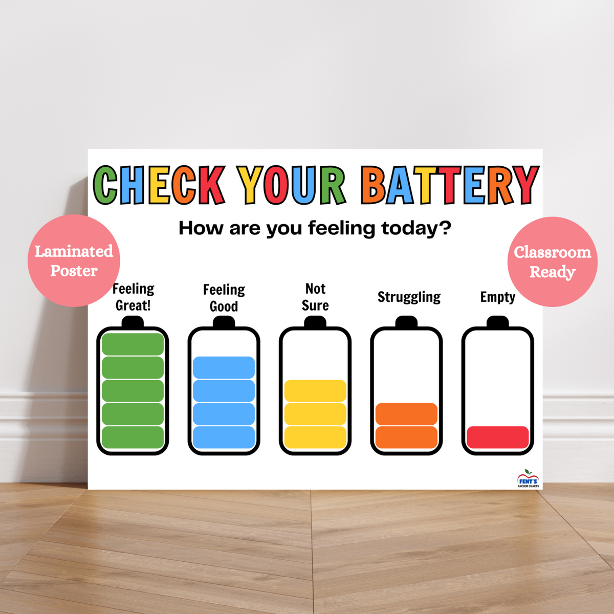 Check your battery laminated feeling classroom poster. Rainbow color themed and perfect for young students to check in on their emotions.