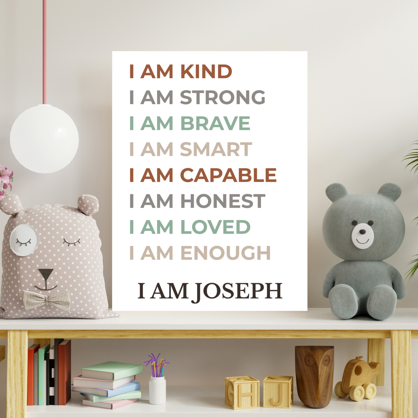 I Am affirmation statements poster for girls. Great confidence booster for young girls and toddlers. Laminated for durability in girls bedrooms and playrooms. This poster is personalized for the name you want.