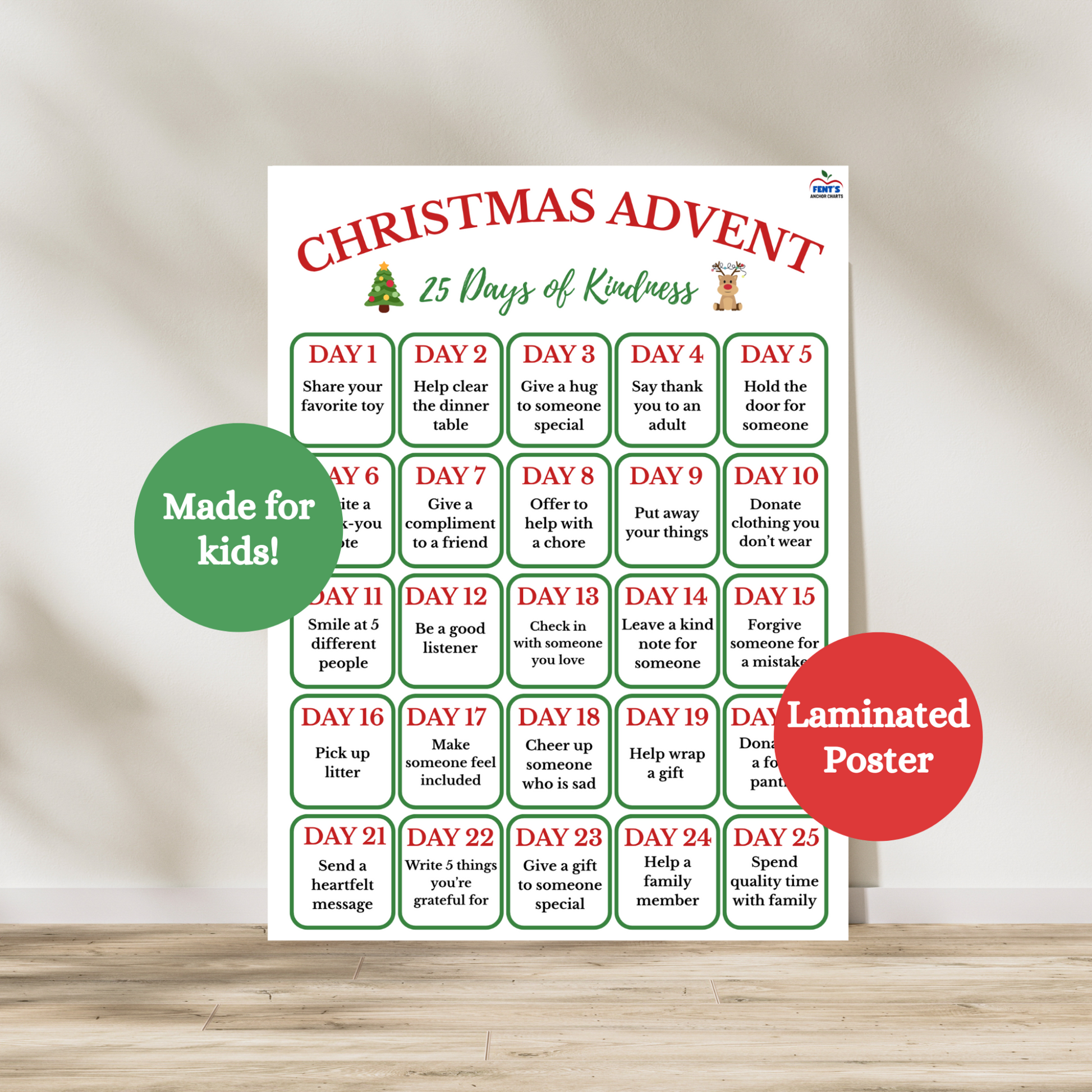 Christmas advent 25 days of kindness laminated poster.