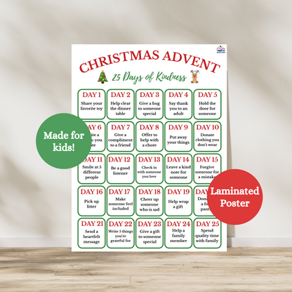 Christmas advent 25 days of kindness laminated poster.