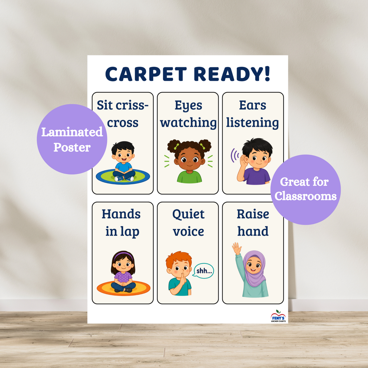Carpet classroom expectations laminated poster. Teaches and reminds students the rules when sitting on the classroom carpet. Great for pre school, kindergarten and first grade. Laminated for durability.