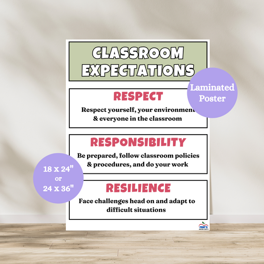 This laminated classroom expectations anchor chart is broken down into three sections; respect, responsibility and resilience. Laminated for durability in elementary classroom.