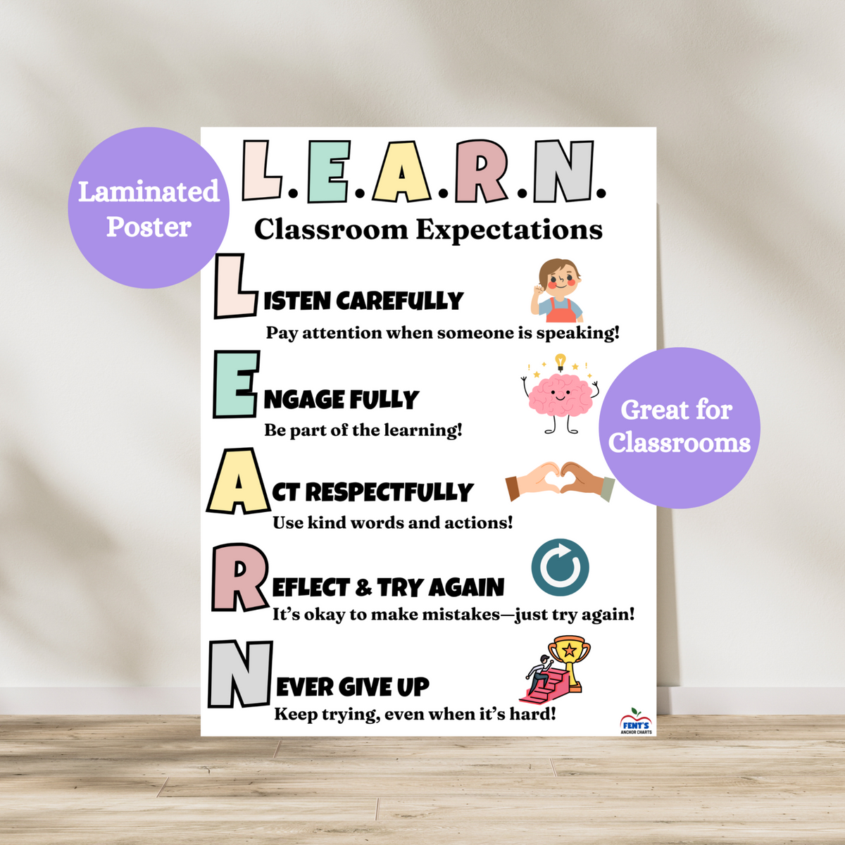 LEARN Classroom Expectations Poster featuring the words Listen, Engage, Act, Reflect, Never Give Up with student-friendly visuals and icons. Hang in elementary and middle school classrooms. Laminated for durability.