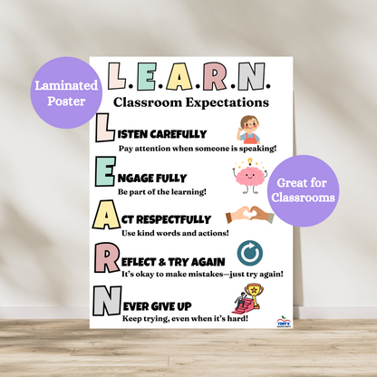 LEARN Classroom Expectations Poster featuring the words Listen, Engage, Act, Reflect, Never Give Up with student-friendly visuals and icons. Hang in elementary and middle school classrooms. Laminated for durability.