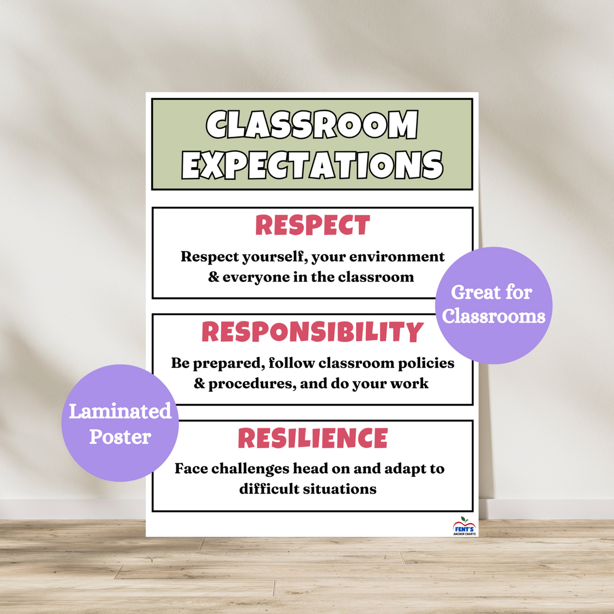 This laminated classroom expectations anchor chart is broken down into three sections; respect, responsibility and resilience. Laminated for durability in elementary classroom.