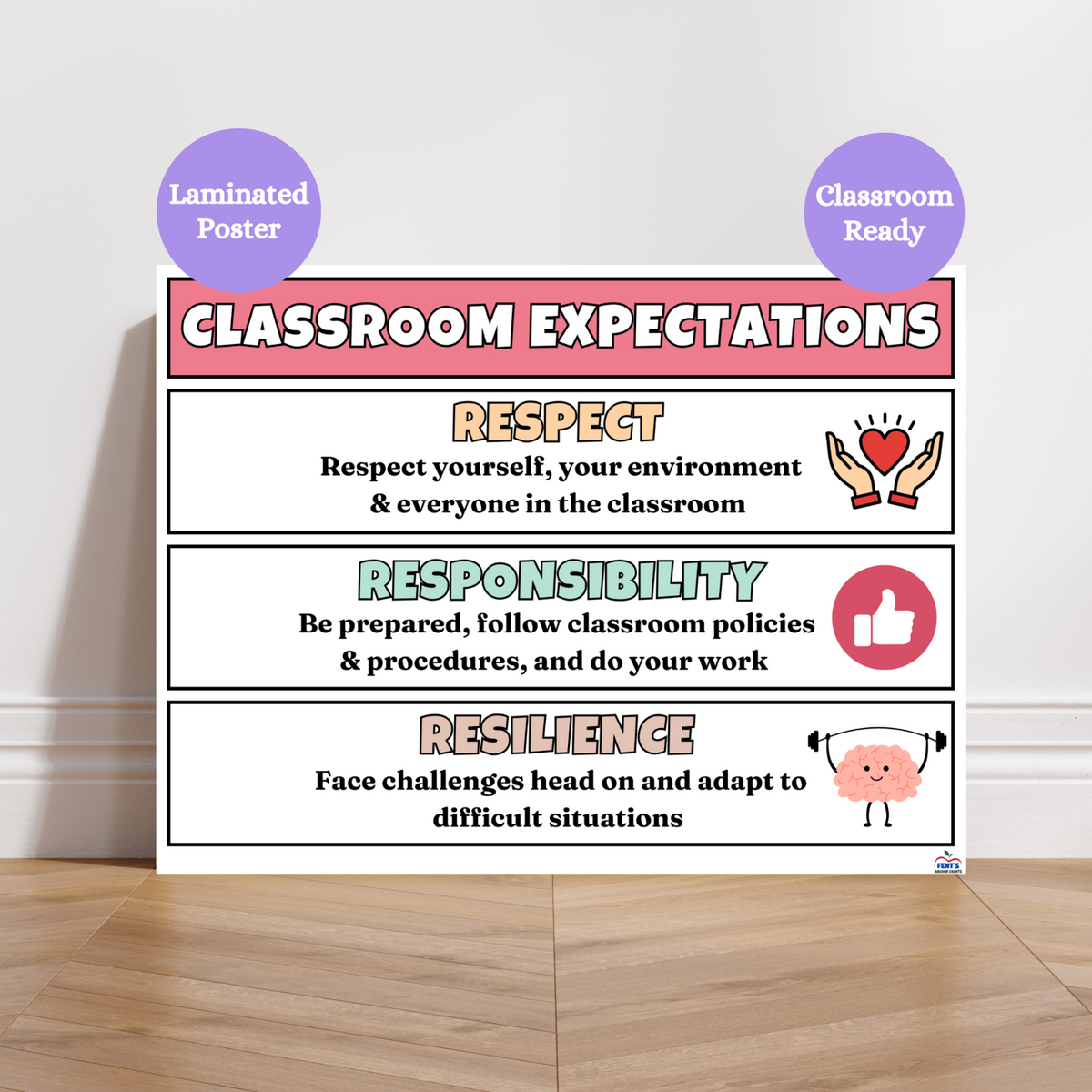 This horizontal classroom expectations anchor chart is a great poster to showcase to students respect, responsibility and resilience in your classroom. Poster has graphics representing each section and is laminated for durability in elementary classrooms.