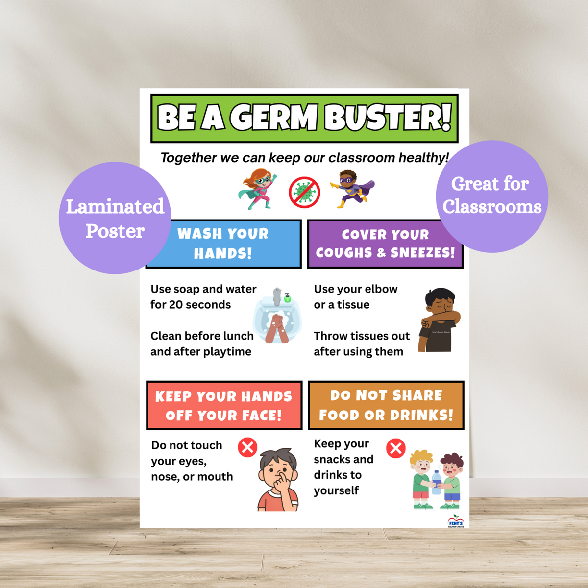 Be a germ buster poster is broken down into four boxes that teaches children how to stay healthy during cold and flu season. Laminated for classroom durability.