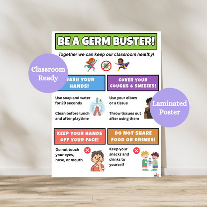 Be a germ buster poster is broken down into four boxes that teaches children how to stay healthy during cold and flu season. Laminated for classroom durability.